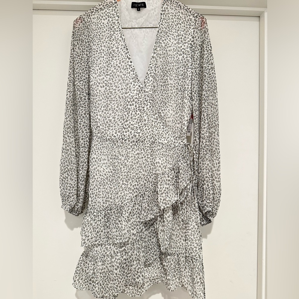 Nordstrom 1. State Long Sleeve Gray Chiffon Ruffle Wrap Dress in Animal print - Picture 6 of 9